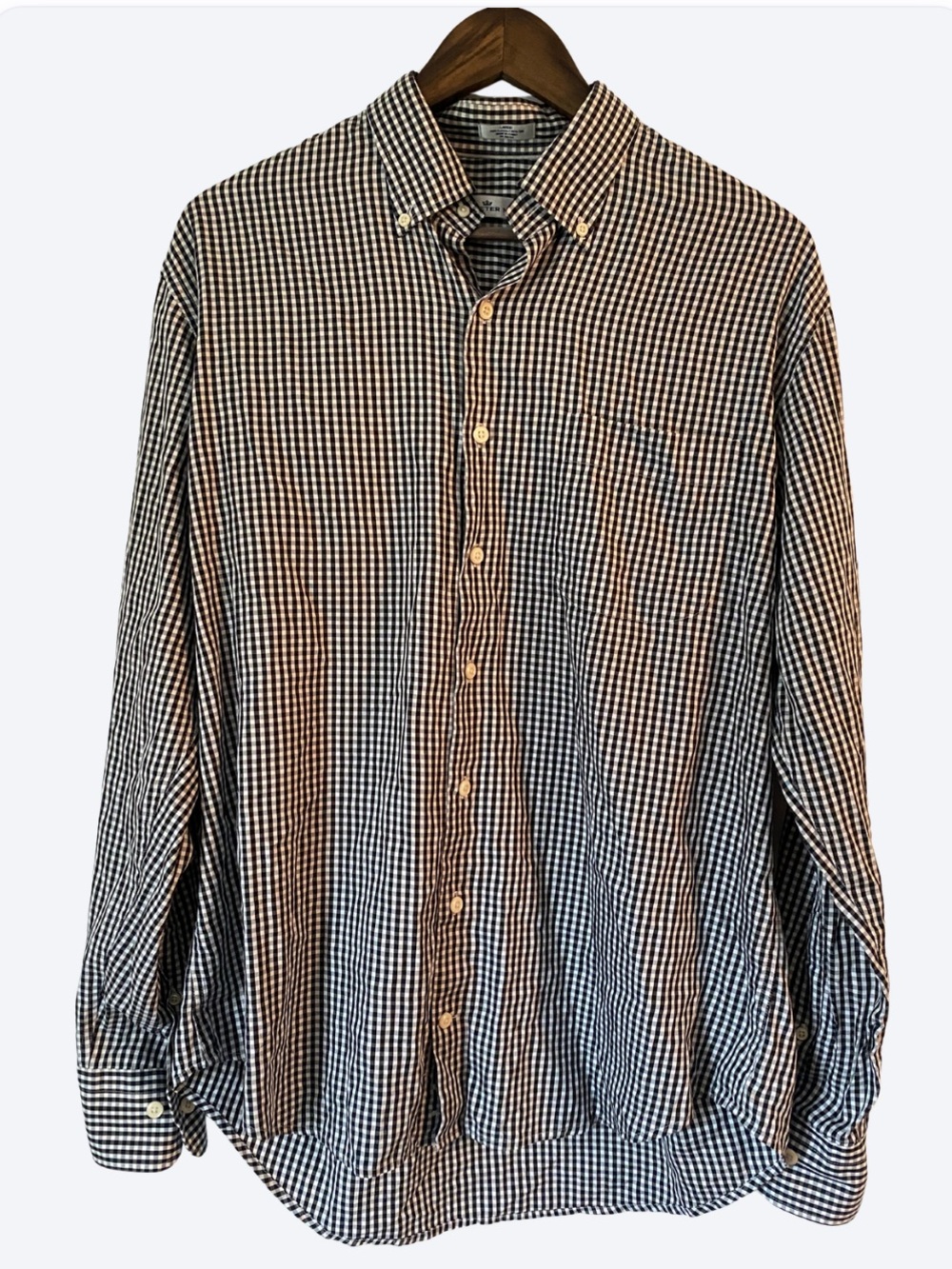 Peter Millar Mens Large Silk Cotton Gingham Check Button Down Shirt Black White